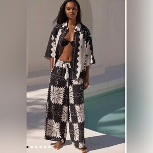 Anthropologie Black & White Sun and Wave Print Wide-Leg Pants